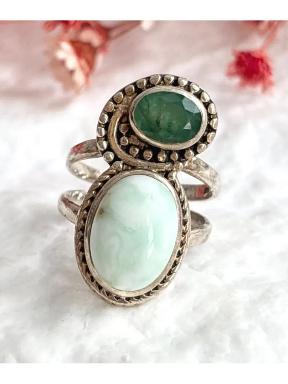 Arya Modernist Larimar & Green Emerald Sterling Silver 925 Vintage Ring - sz 8